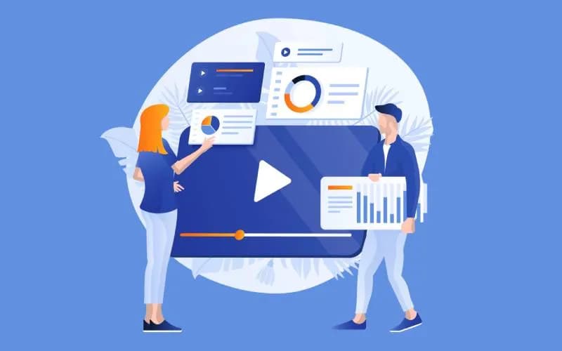 Illustration of people analyzing video content, charts, and reports around a digital video player, representing educational and explainer videos.