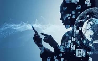 Digital illustration of a person using a mobile device with connected profiles and global network graphics, representing feedback, engagement, and community interaction.