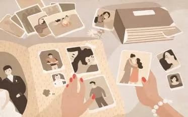 Illustration of hands organizing photographs and memories in an album, representing categorized content, stories, articles, and knowledge resources.